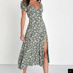 Lulu's Floral Print Midi Dress in Green and Cream